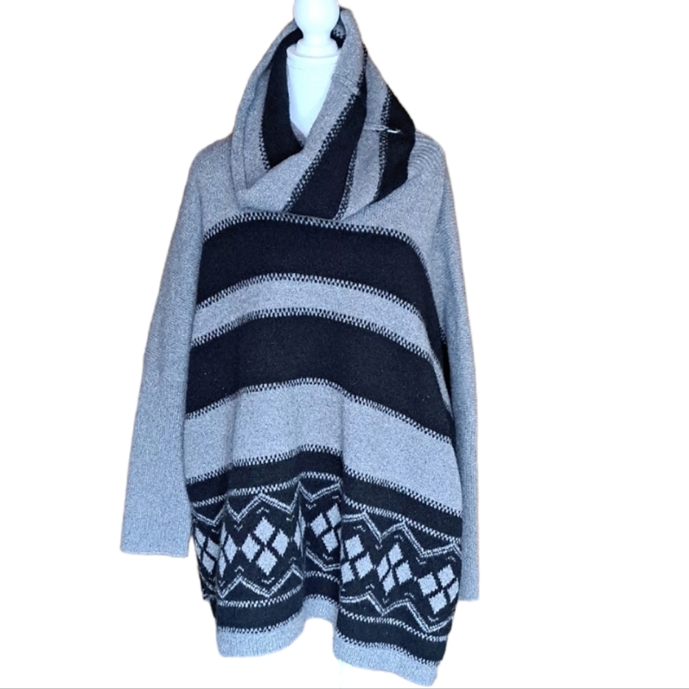 J. Jill oversized funnel neck stripe fair isle print sweater Nordic Winter sz ML